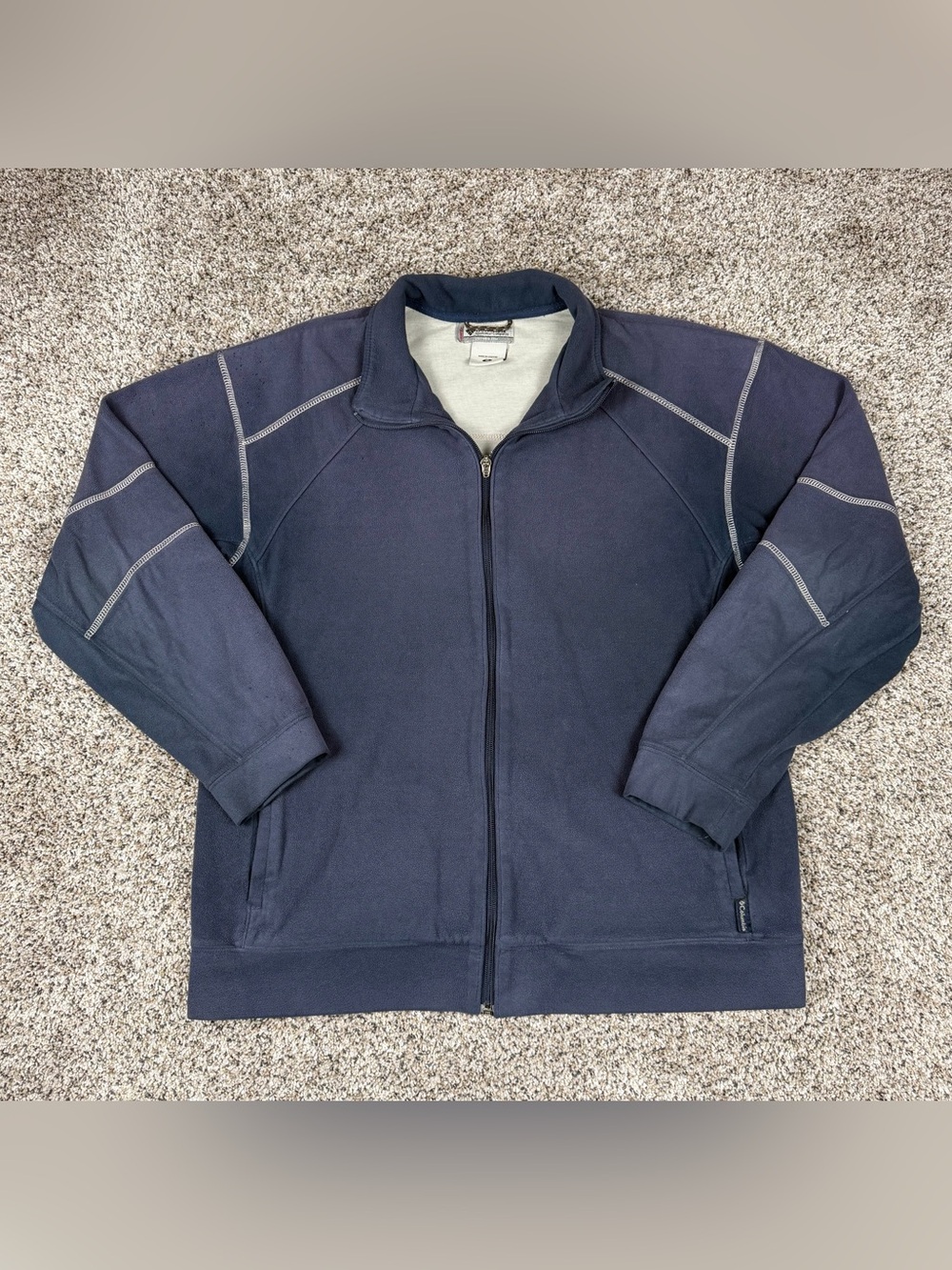 Sz Medium Men’s Columbia Brand Fleece Full Zip Jacket Navy Blue Raglan Stitch